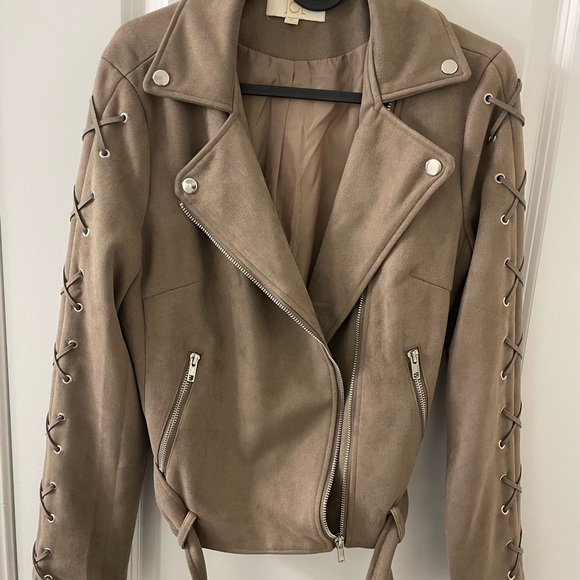 Beige Faux Suede Biker Jacket - Picture 12 of 12